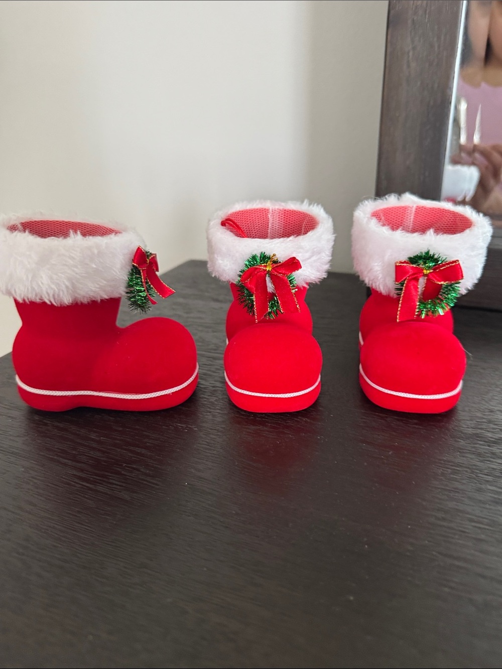 3 count Mini Santa Boot gift pouch treat bag with White Faux Fur Trim